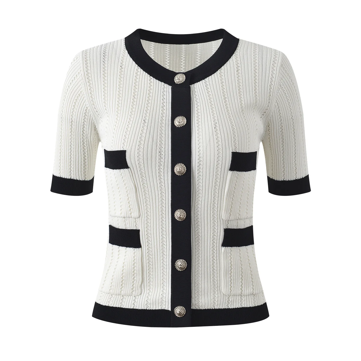 Schlankheitseffekt Parisian Faion B@ Home Gestrickte ort Sve runde Ne Gold Button Cardigan Damen Sommer-Ential-Top