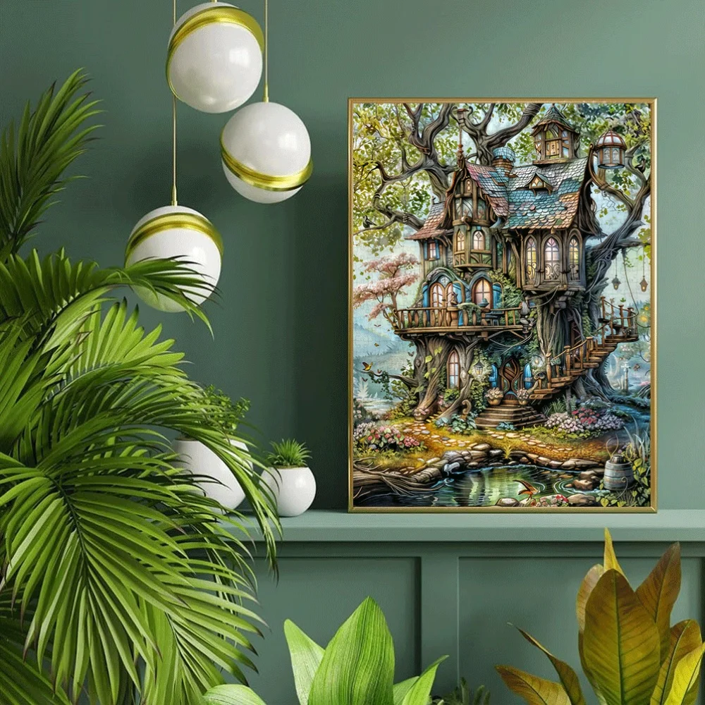 1000 قطعة من ألغاز بيت الشجرة المسحورة - عمل فني خيالي نابض بالحياة مع خضراء مفعمة وتفاصيل ملونة، بطاقة مطبوعة عالية الجودة #1