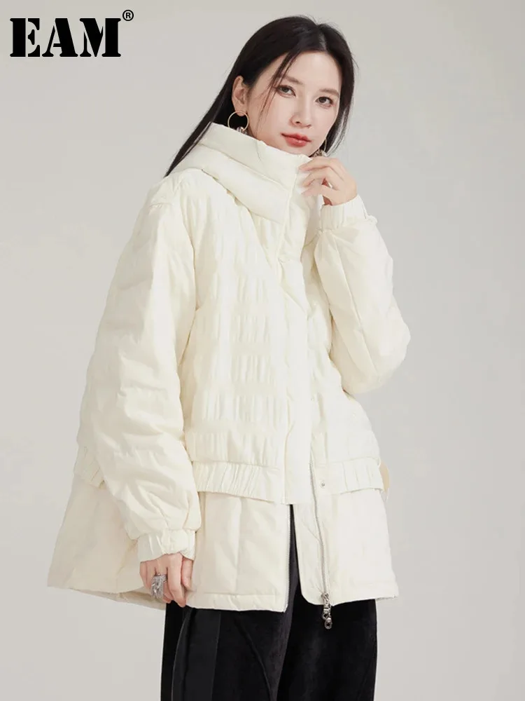 [EAM] Beige Big Size Pleated Keep Warm Down Jacket New Long Sleeve Warm Women Parkas Fashion Tide Autumn Winter 2024 1DH8128