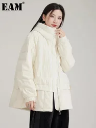 [EAM] Beige Big Size Pleated Keep Warm Down Jacket New Long Sleeve Warm Women Parkas Fashion Tide Autumn Winter 2024 1DH8128