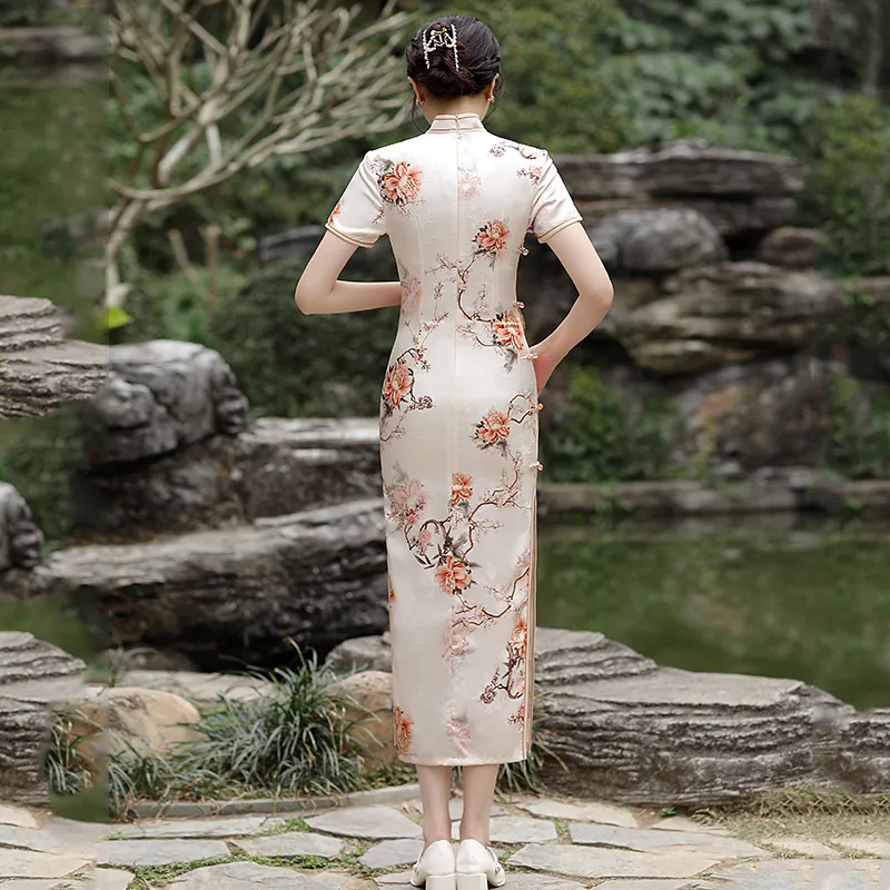 2022 Baru Musim Panas Lengan Pendek Wanita Qipao Gaun Pesta Tradisional Cina Wanita Cetak Baru Elegan Cheongsam