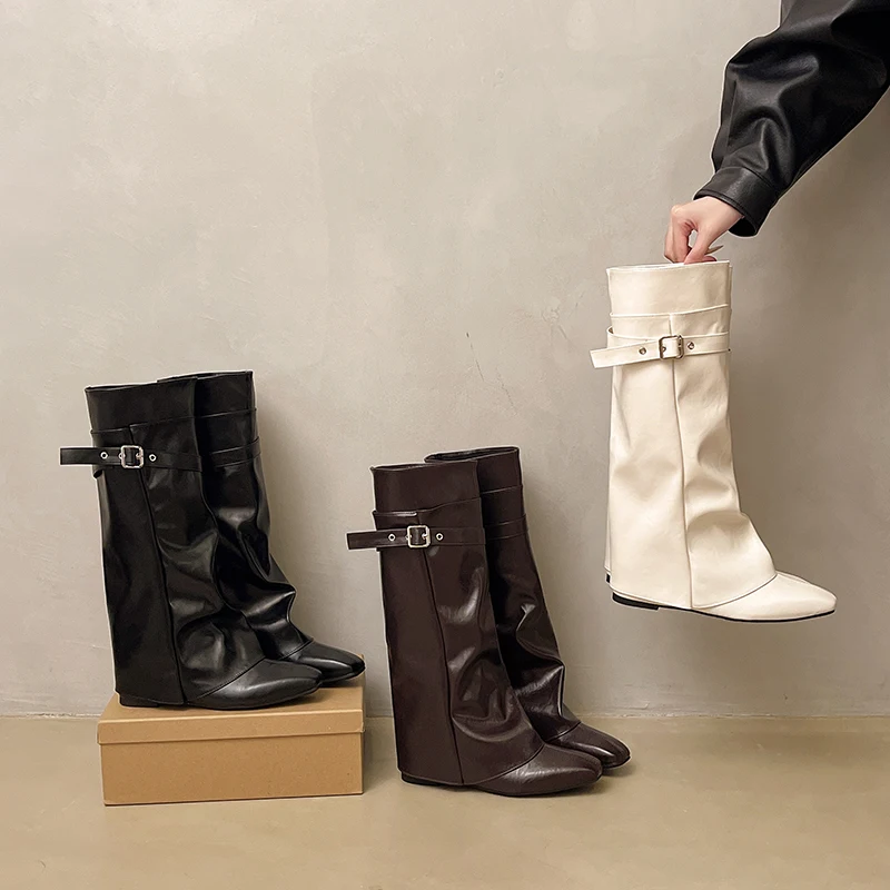 Retro Belt Buckle Straight-leg Long Boots for Women, 2026 New Style, High-end Boot with Elastic Cuffs
