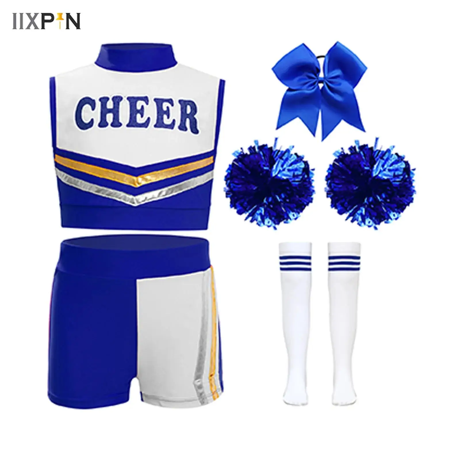 

Kids Girls Cheerleading Outfit Streetwear Dance Uniform Letters Printed Color Block Crop Top+Shorts+Headwear+Flower Balls+Socks