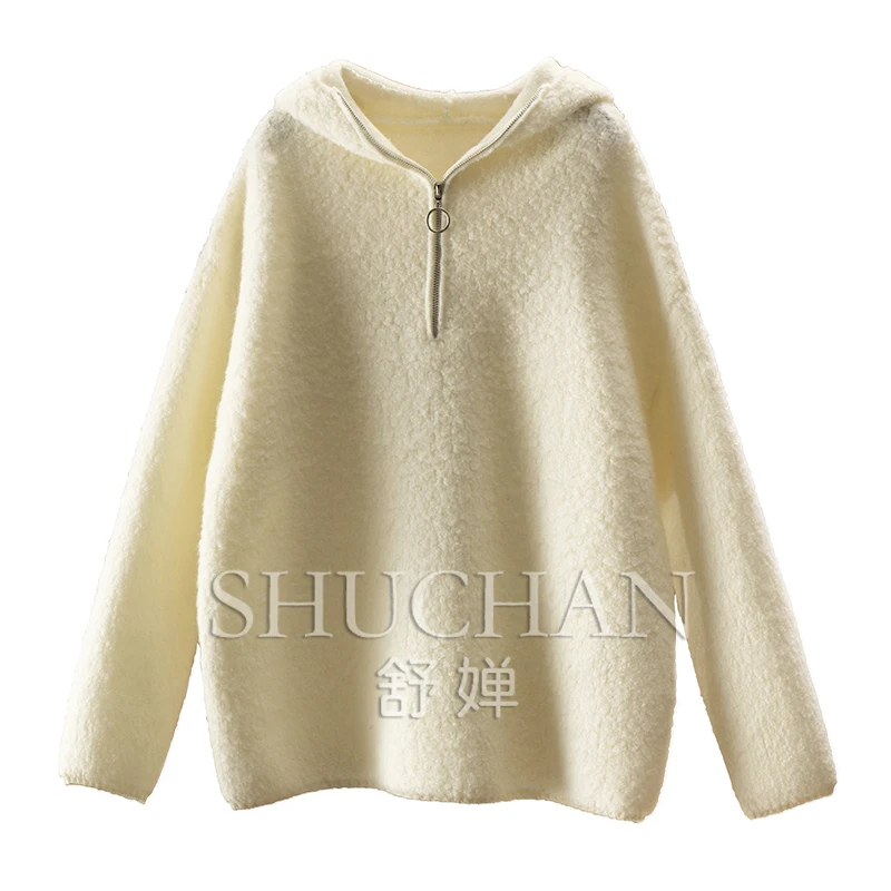 Fleece 100% Wool Half Zipper Hooded Sweater Women  Sueters De Mujer Pullover Oversize Women  Pull Femme  Sweater