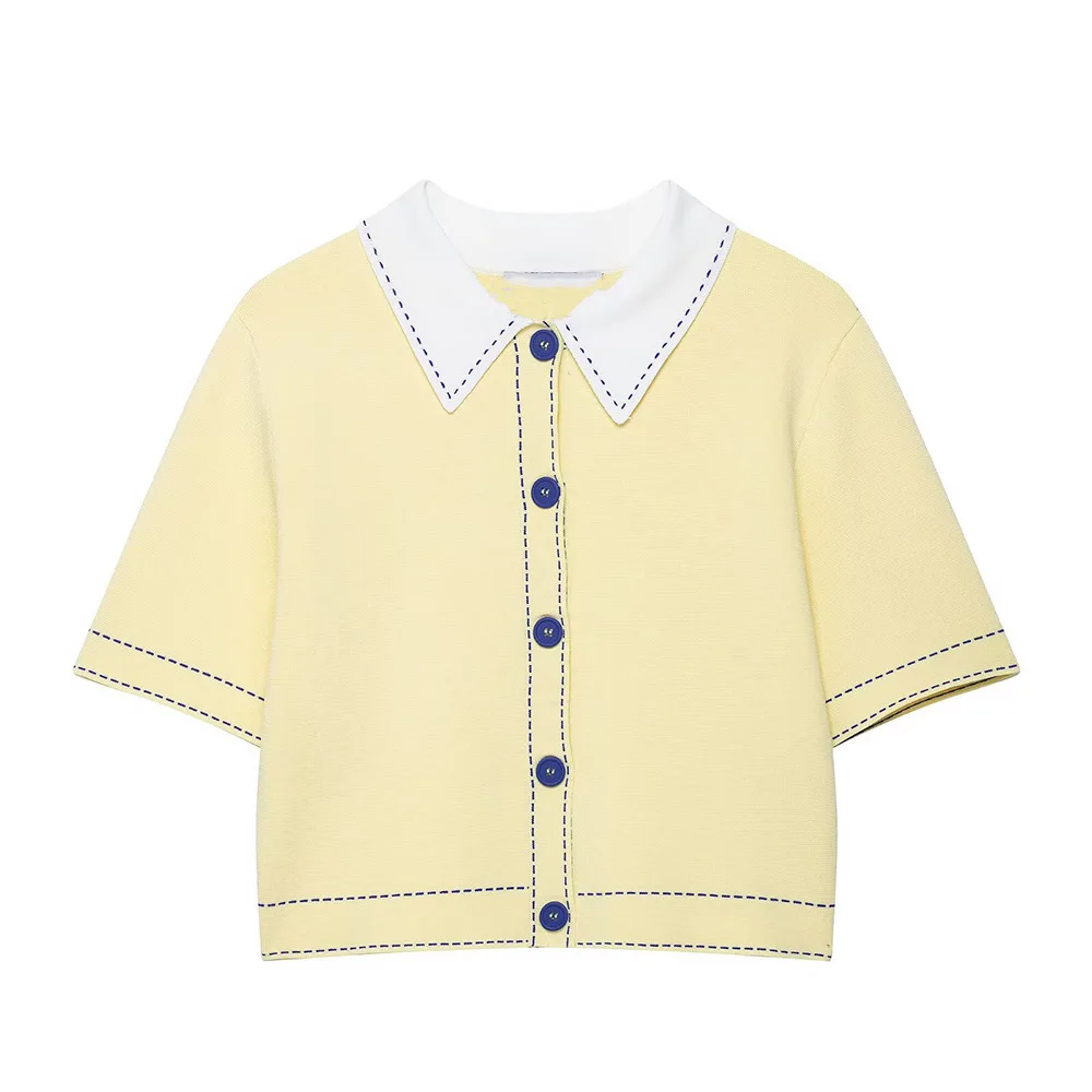 

Woman's Knitted Polo Cardigan Lapel Single-breasted Short-sleeved Slim-fit Simple Cropped Coat Stitching Versatile Top