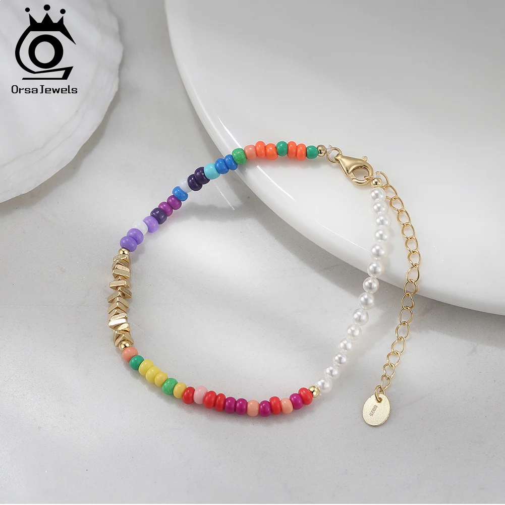 

ORSA JEWELS Винтажный браслет из стерлингового серебра 925 пробы с жемчугом-ракушкой и разноцветными бусинами, элегантные игривые ювелирные изделия PSB07