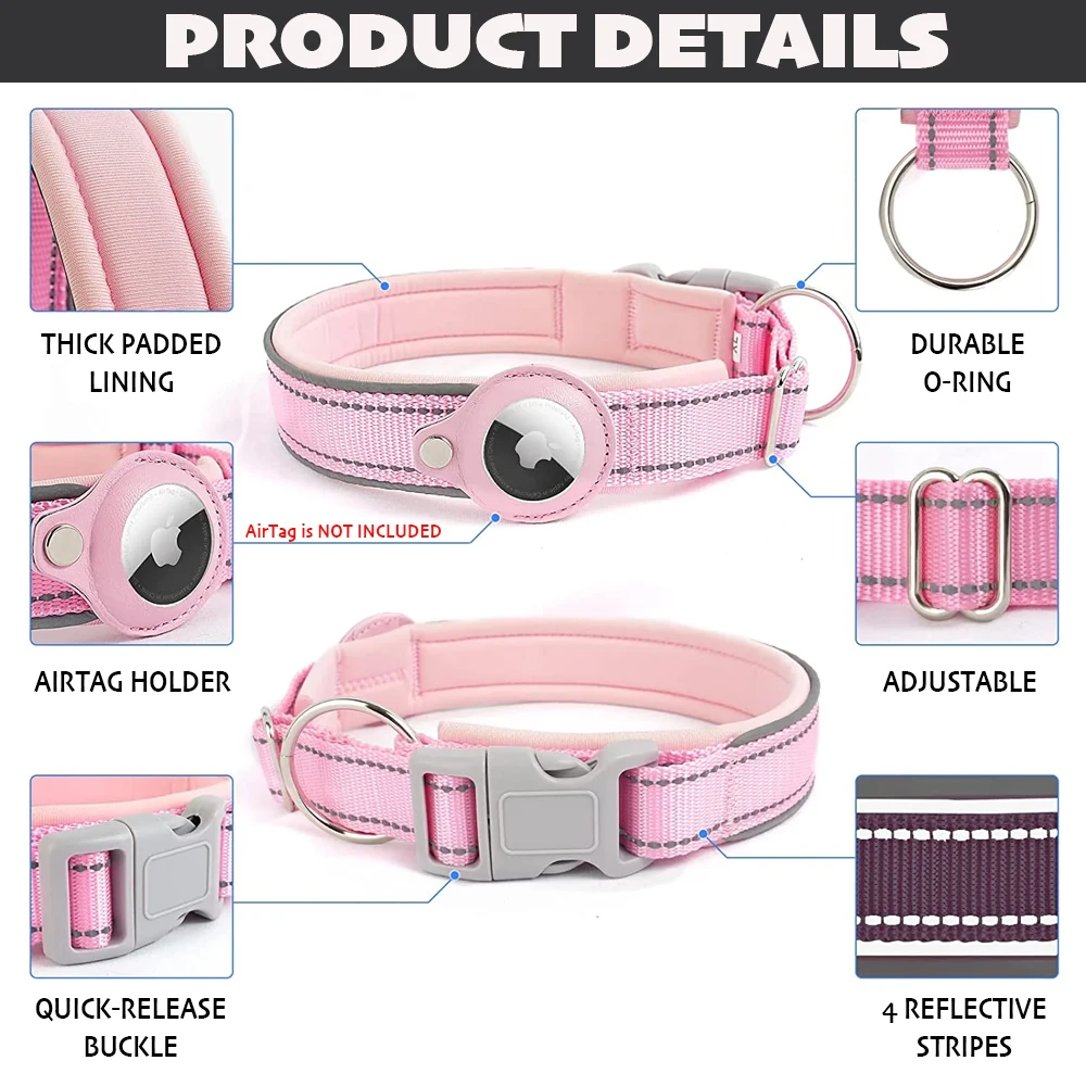 Reflective AirTag Dog Collar, Padded Apple Air Tag Dog Collar, Dog Collar with AirTag Holder Case, AirTag Accessories