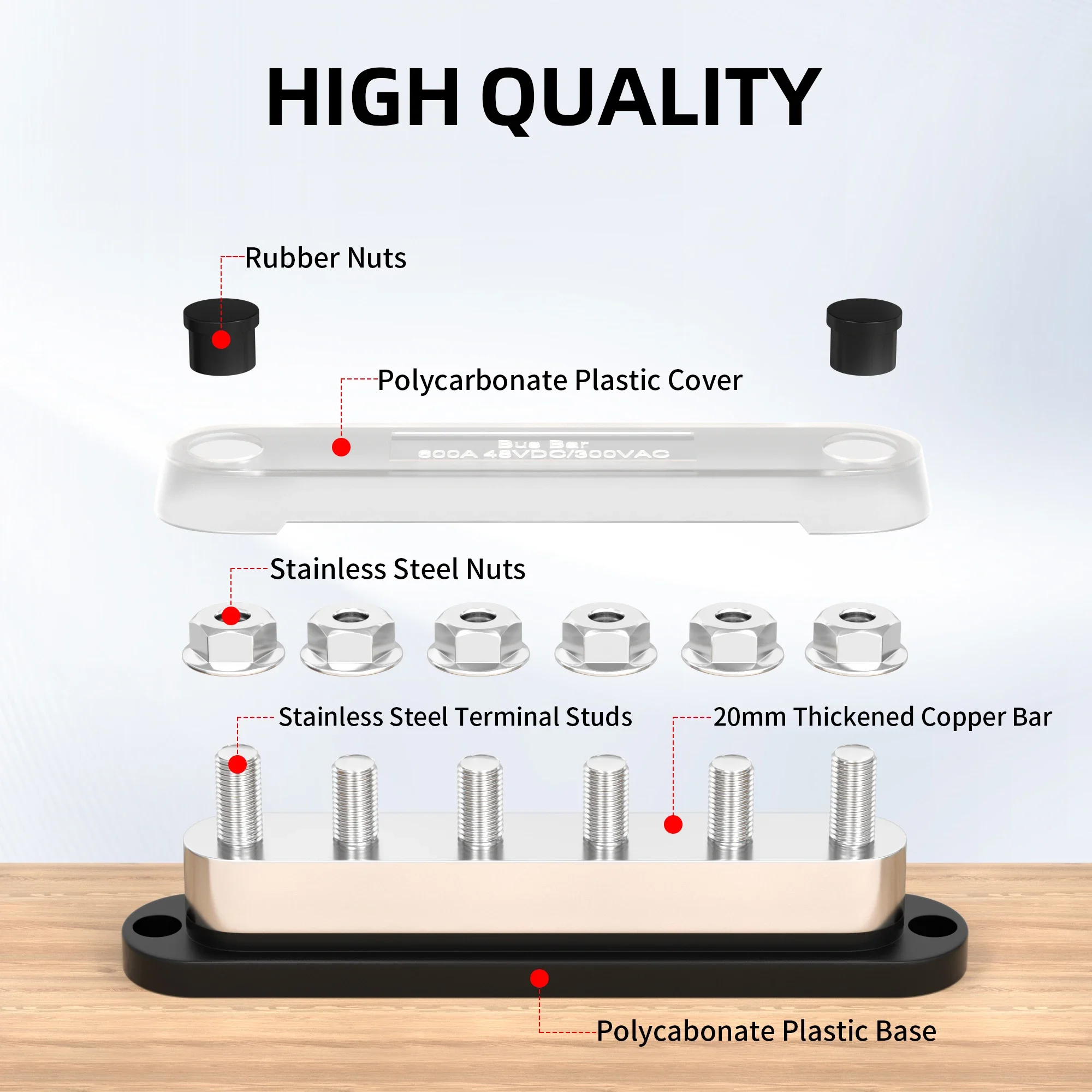 6 Stud Bus Bar 48V DC 600A Heavy Duty Ground Electrical Busbar 3/8Post(M10) Terminal  Power Distribution Block With Cover