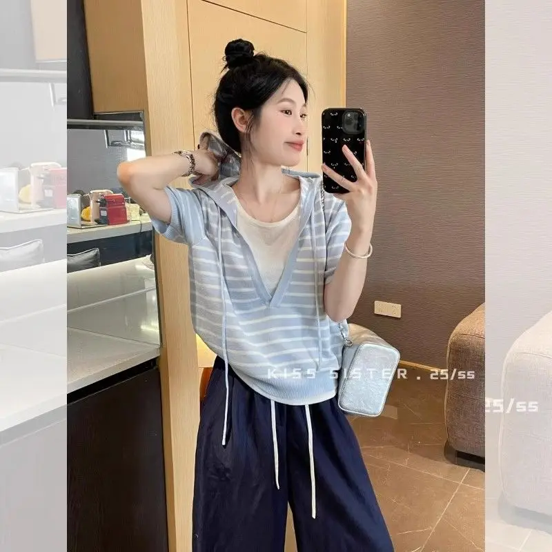 

Spring and Summer Style Hooded Fake Two-Piece Ice Silk Knit Short Sleeve Top