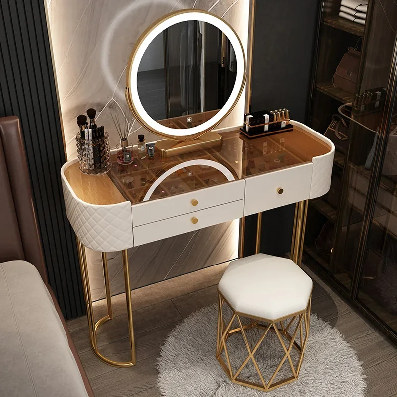 

Tempered Glass Vanity Table Storage Drawer Makeup Stool Dressing Table Aesthetic Decor Tocador Para Dormitorio Bedroom Furniture