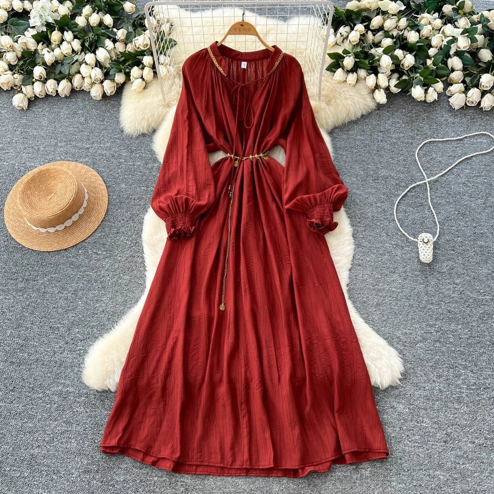 Schickes Vintage-O-Ausschnitt-Schnürkleid, elegante Fee, koreanische Mode, Boho-Sommerkleid, Damenbekleidung, langes Kleid