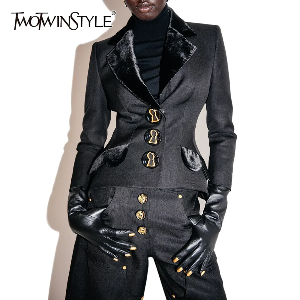 

TWOTWINSTYLE Black Spliced Buttons Two Piece Set Female Lapel Long Sleeve Jacket Temperament Women's Trousers Set Fashion New