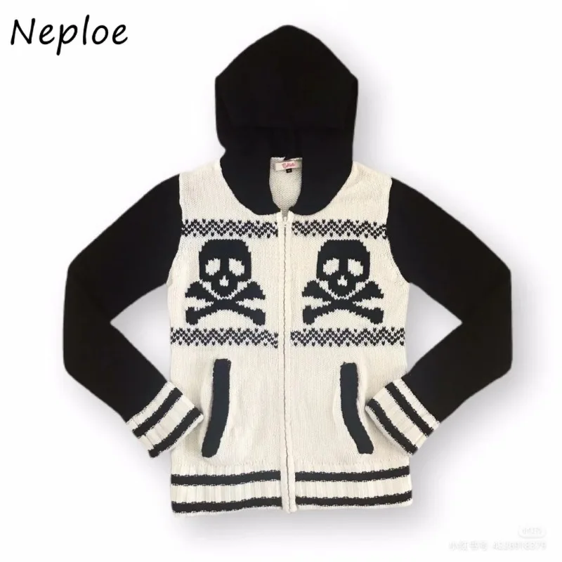 Neploe 2024 Autumn Winter Skeleton Subculture Hot Girl Knitted Cardigan Dark Punk Contrasting Black White Zipper Sweater Coat