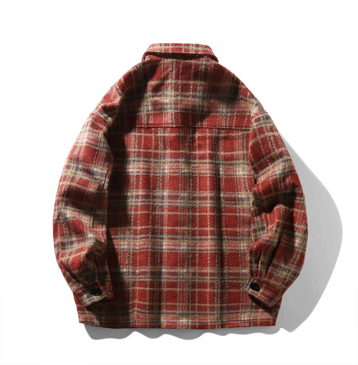 2025 Japanese Retro Brushed Black Plaid Long Sleeve Shirt Men's Spring and Autumn Loose Versatile Casual Red Jacket