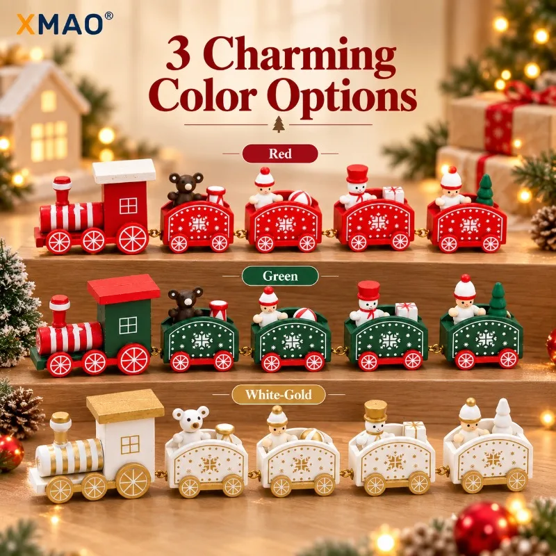 Christmas Train Wooden Tabletop Ornament, Festive Holiday Decoration for Kids Gift, Xmas Decor for Home Shelf Mantel Display