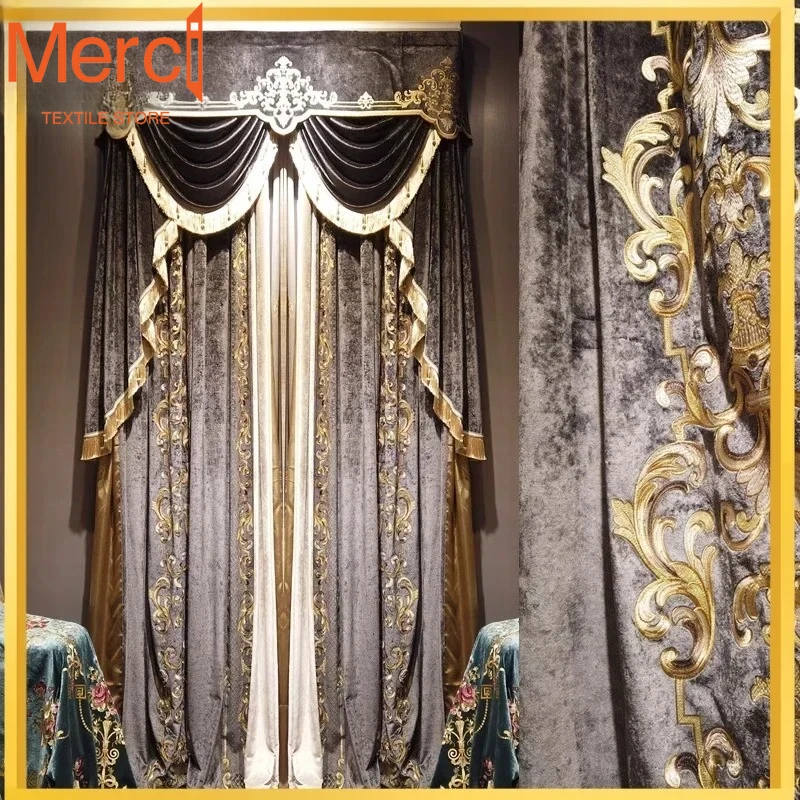 

New European Style Luxury Curtains For Villa Living Room Coffee Color Silk Velvet Gold Embroidery High Quality High-end Custom