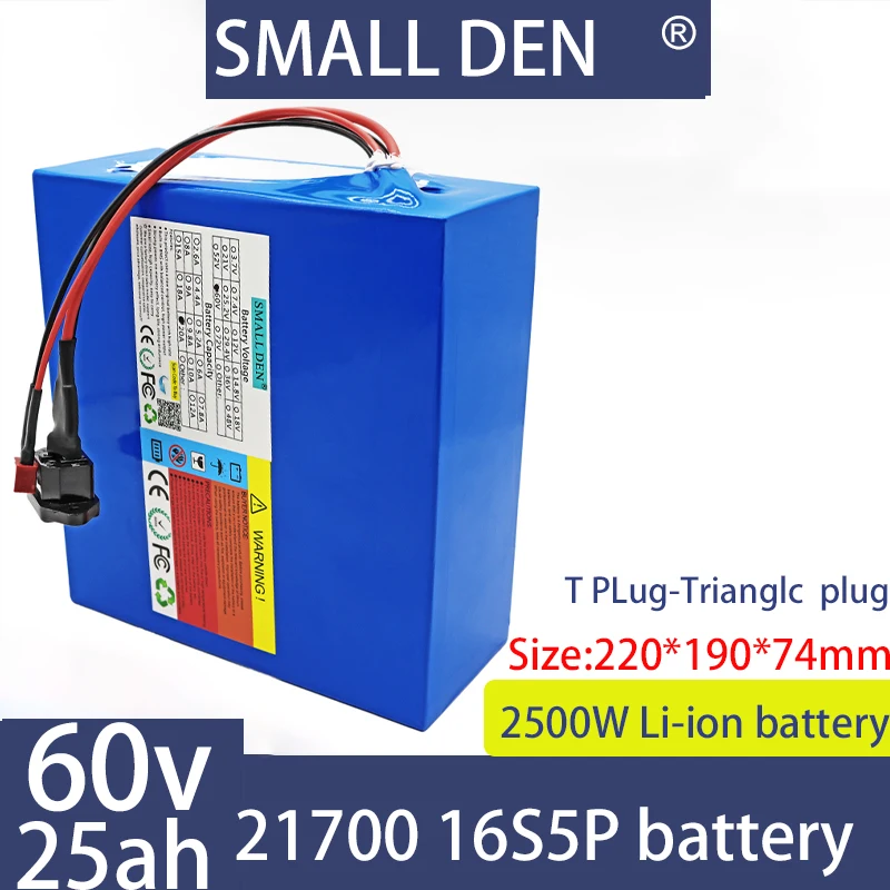 60V 25Ah 21700 lithium battery pack with 67.2V 16S5P built-in 30A BMS 1000W 2000W 2500W high-power battery+67.2V 2A 3A 5Acharger