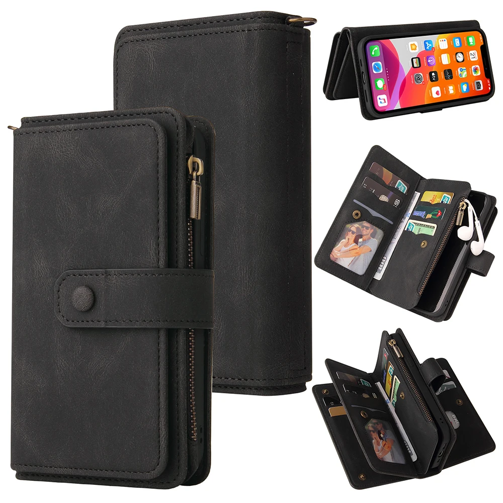 Zipper Leather Wallet Card Flip Phone Case For iPhone 14 Plus 13 12 Mini 11 Pro Max XR X XS Max 7 8 6 6s Plus Phone Holder Cover