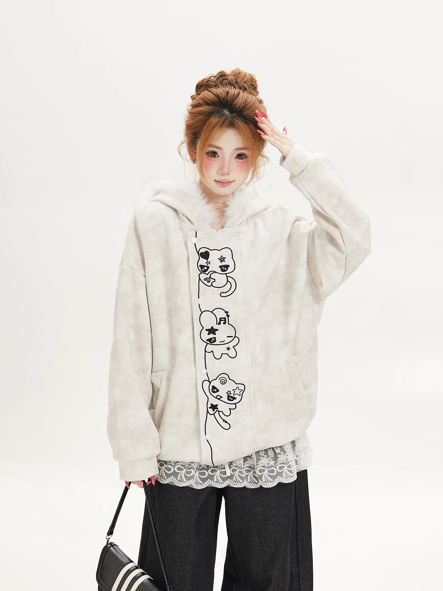 Ant American Cartoon Style Women's Loose Fit Hooded Jacket Coat with Fur Collar Embroidery Autumn Season Versatile Student Top