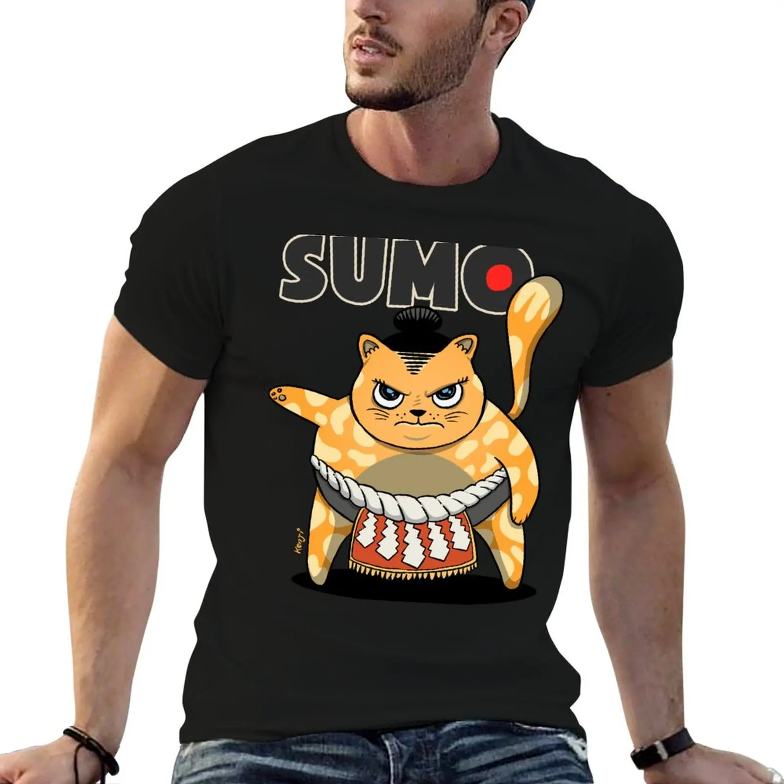 Sumo Wrestler Cat Yokozuna  LeboNeko camiseta naranja camisetas de anime Camiseta de algodón de gran tamaño 100%
