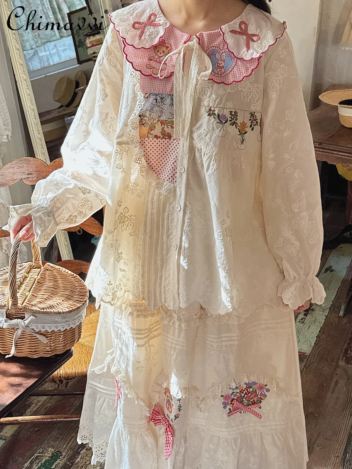 Japanese Gentle Retro Bow Bear Embroidered Doll Collar Shirt Spring New Sweet Girl Womens Lace Strap Temperament Blouse Camisas