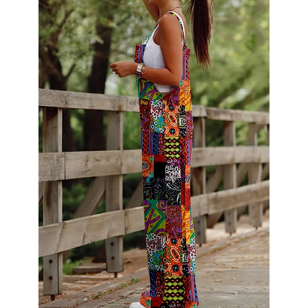 Combhasaki Dames Boheemse Dunne Spaghettibandjes Jumpsuits Retro Etnische Print Mouwloos Zomer Wijde Pijpen Losse Rompertjes Overalls
