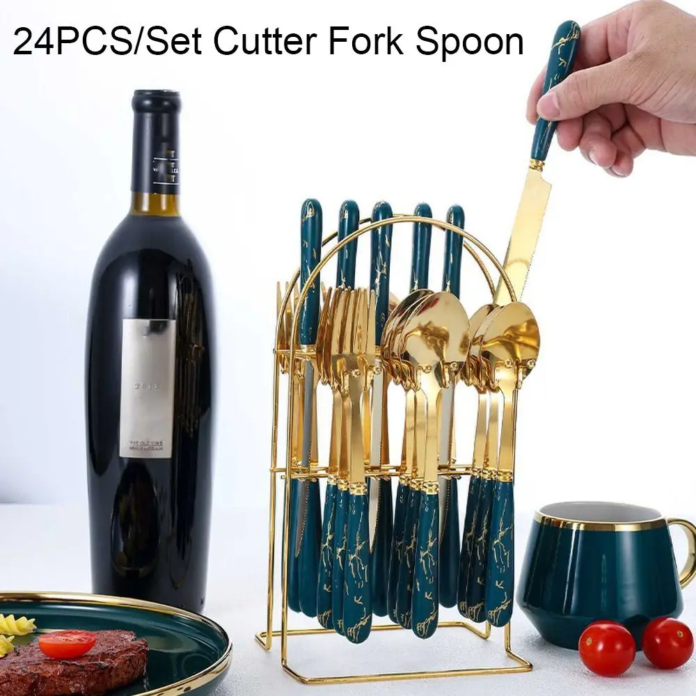 24pcs Stainless Steel Marbled Tableware Set Mirror Polished with Storage Rack Dessert Dinnerware Suit Nordic Style Flatware Kit