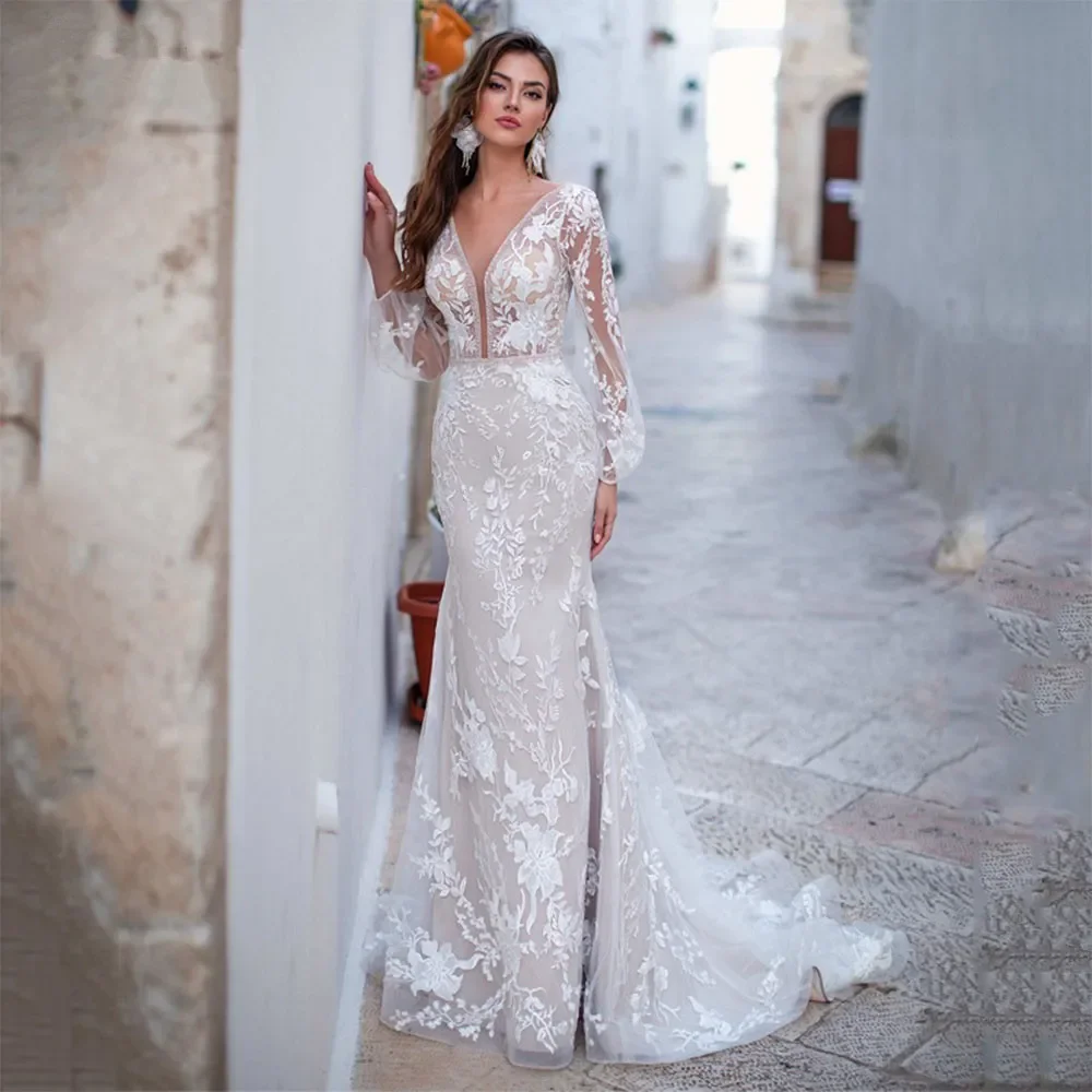 

Customized 2026 New Elegant Mermaid Women's Wedding Dress Long Sleeved Deep V-Neck Decal Floor Length Sexy Backless Bridal Gown