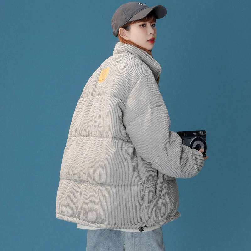 2022 winter new corduroy parka women's Korean style loose cotton coat women's plus size elegant stand collar Harajuku jacketcoat