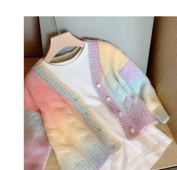 Girls Sweater Coat Autumn Gradient Cardigan Sweater 2023 New Childrens Rainbow Net Red Fashion Style Casual Girls Coat Top