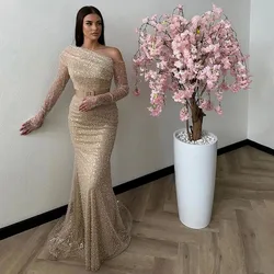 Champagne Evening Dresses for Women One Shoulder Long Sleeves Luxury Formal Gowns Mermaid Beading Sequined Trumpet Prom Dresses