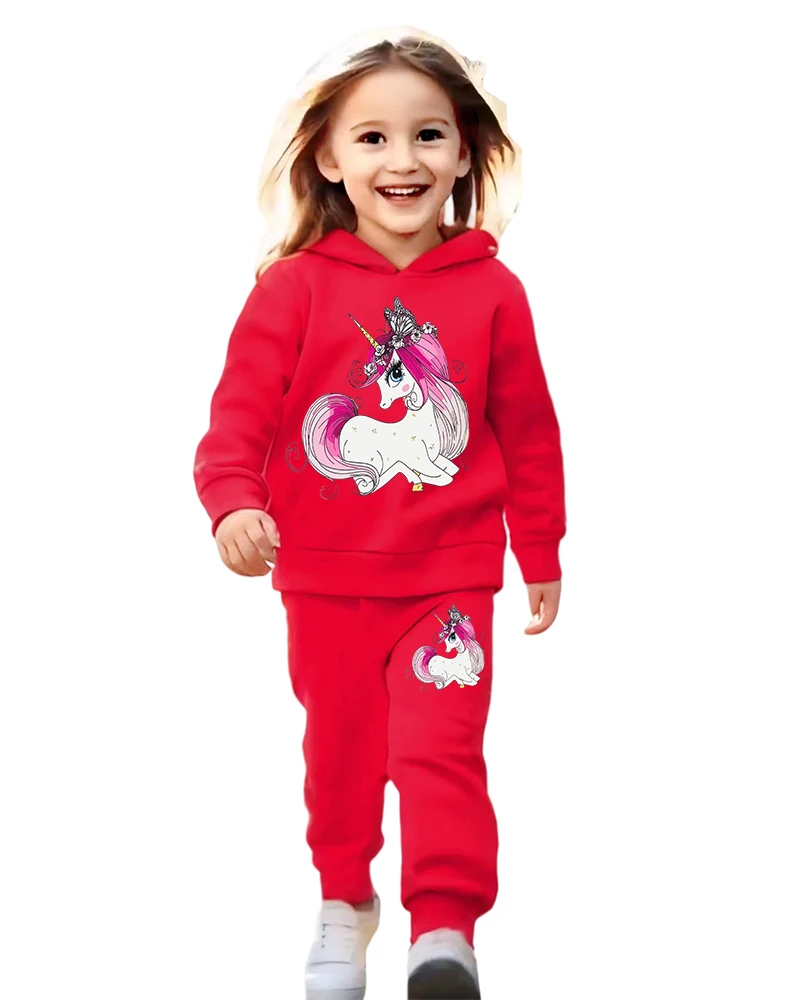

A two-piece sports hoodie set for girls in autumn and winter, with a printed hooded top and long pants