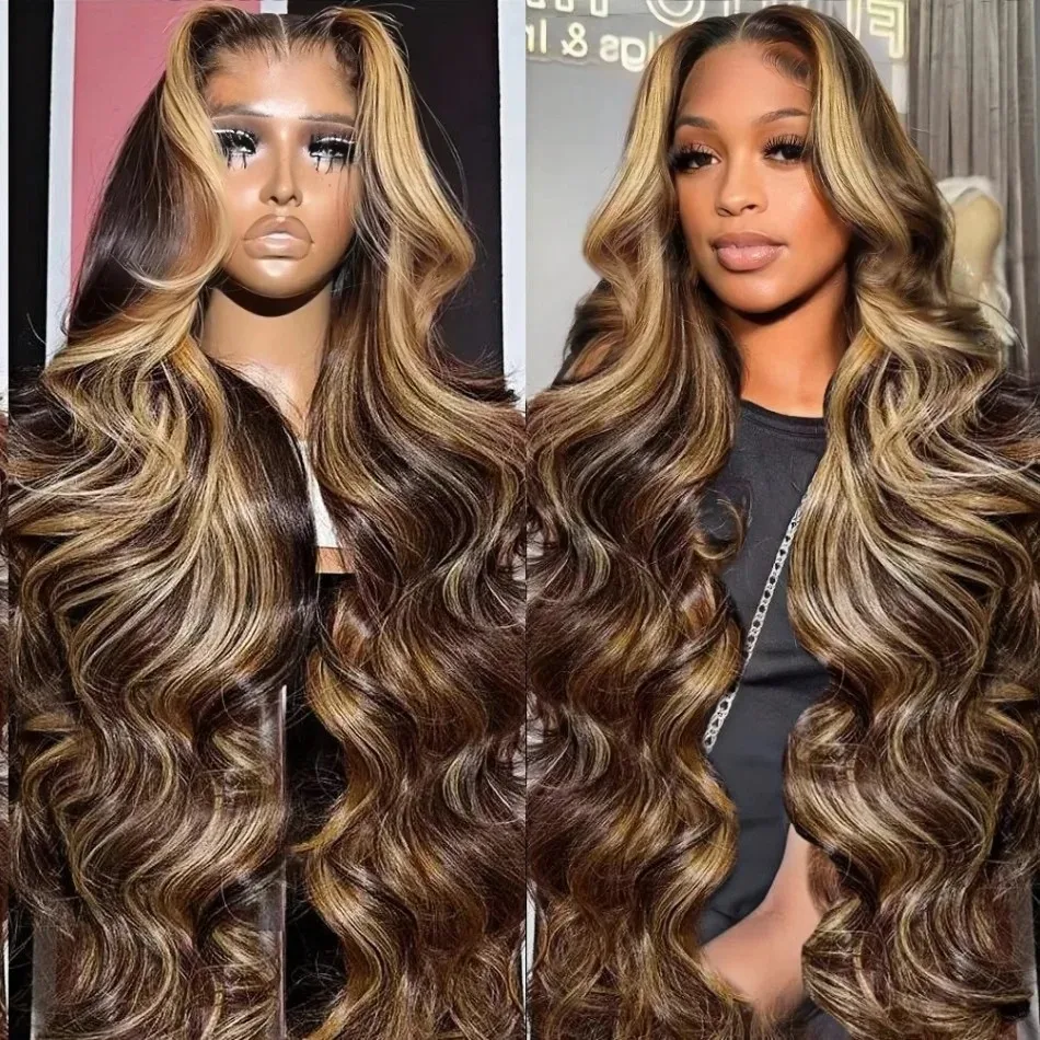 Mossily 30 Inch Highlight Body Wave 13x6 HD Lace Front Human Hair Wigs 4/27 Color Ombre 200 Density 13x4 Frontal Wig For Women