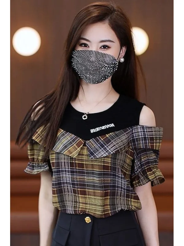 

Fashionable Summer Print Chiffon Shirt Shoulder Bared Short Sleeve Cover up Polka Dot Plaid Top Women's Straight Cut Silk Blend