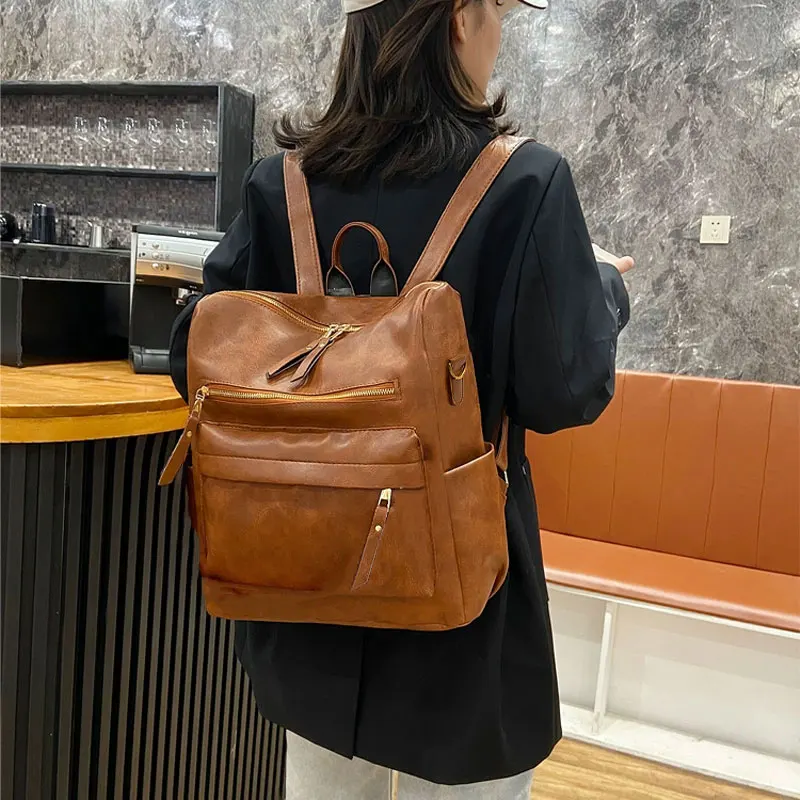 Retro PU Soft Leather Backpack Large Capacity College Style Travel Leisure School Bag High School Fashion Daily Backpack