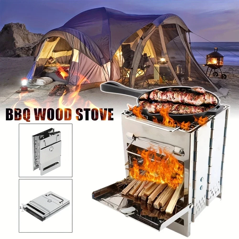 Mini Outdoor Firewood Stove Portable Camping Picnic Travel Steel Charcoal Cooking Folding Wood Stove Grill BBQ