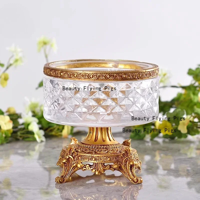Crystal glass inlaid with copper candy bowl home fruit plate decoration villa soft decoration high leg Dim sum plate