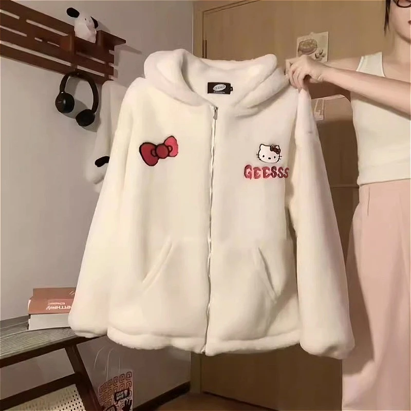 Hello Kitty Kawaii dicker pelziger Woll-Hoodie für Damen, lockere warme Sweatshirts, Herbst-Winter, niedliche weiche Mädchen-Mäntel, Hoodies 2025