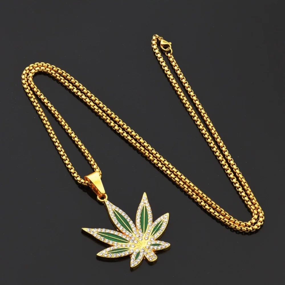 Punk Hip-hop Shiny Inlaid Zircon Oil Painting Green Drip Glaze Large Maple Leaf Pendant Box Chain Necklace for Men Women Jewelry