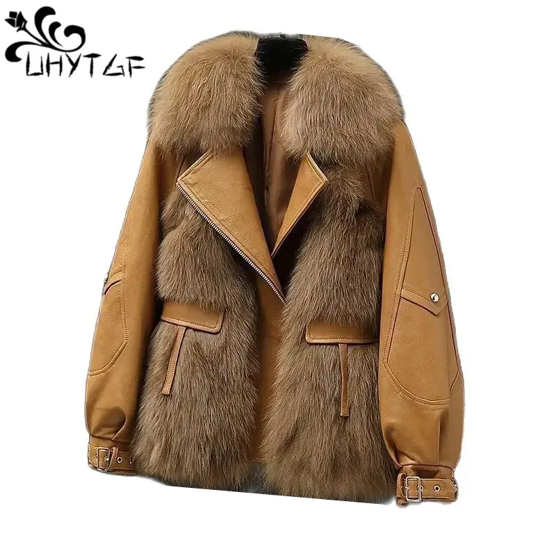 

Leather Jacket Women 2023 Autumn Winter Fur Jackets Female Korean Fashion Elegant Sheepskin Splice Faux Fox Fur Coat Ladies 2435