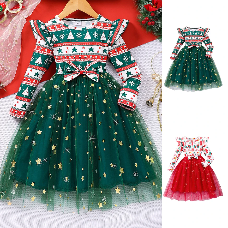 طفلة حفلة الأزهار تنورة الاطفال عيد الميلاد نمط طباعة فساتين الأميرة الفتيات ملابس الطفل نافيداد كم طويل القوس فستان شبكي