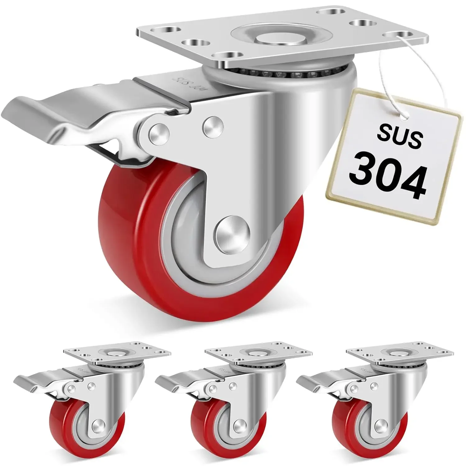 Stainless Steel 3 Inch Caster Wheels with Brake,Rust-Proof Heavy Duty 304 Casters Set of 4,Anti-Corrosion Industrial Castor for