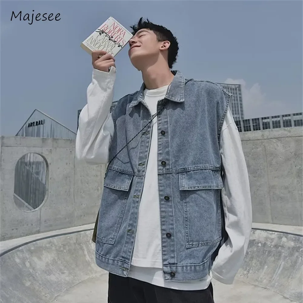 

Men Vest Denim Pockets Fashion Solid Single Breasted Sleeveless Turn-down Collar Spring Outwear Loose Students Vitality Chill
