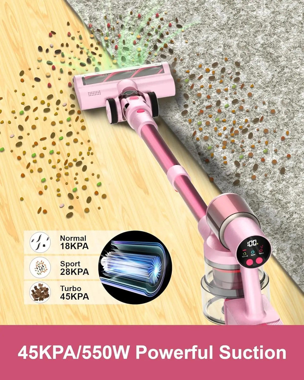 

Pink Cordless Vacuum Cleaner, 550W 45KPA Turbo Suction, 60 Mins Runtime, Self-Standing with LED Display, Anti-Tangle Brush,Hot
