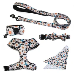 Pet Harness Collar Leash Set Adjustable Dog Collar With Bow tie Poop Bag Triangle Scarf Set With Flower Print Pet Accessories