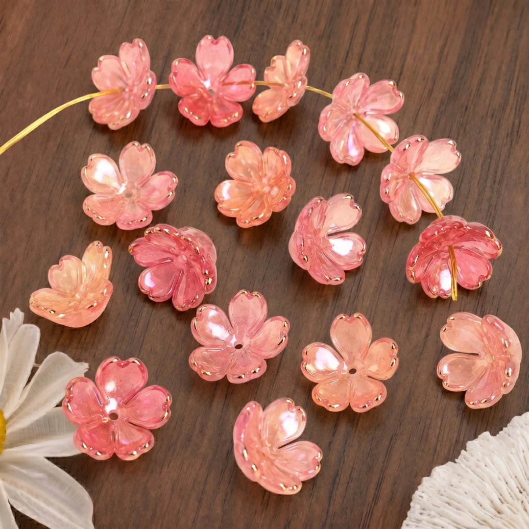 50pcs Acrylic Cherry Blossom Flower Beads Gradient Gold-Plated Spacer Beads End Cap for Jewelry Making Bracelet Necklace Earring