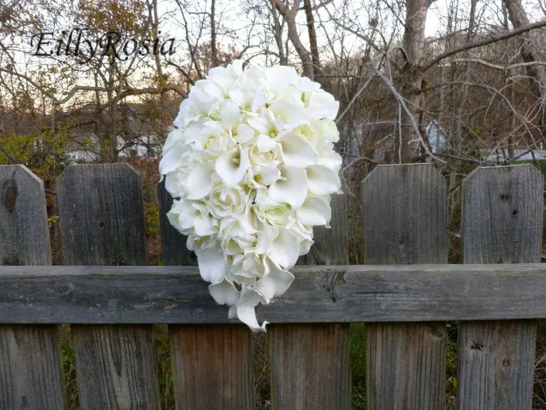 EillyRosia-Broche Dorée en Cascade, Bouquet de Fleurs de Mariage, Lys Calla Blanc, Trash, Larme, Plage, pour la Mariée