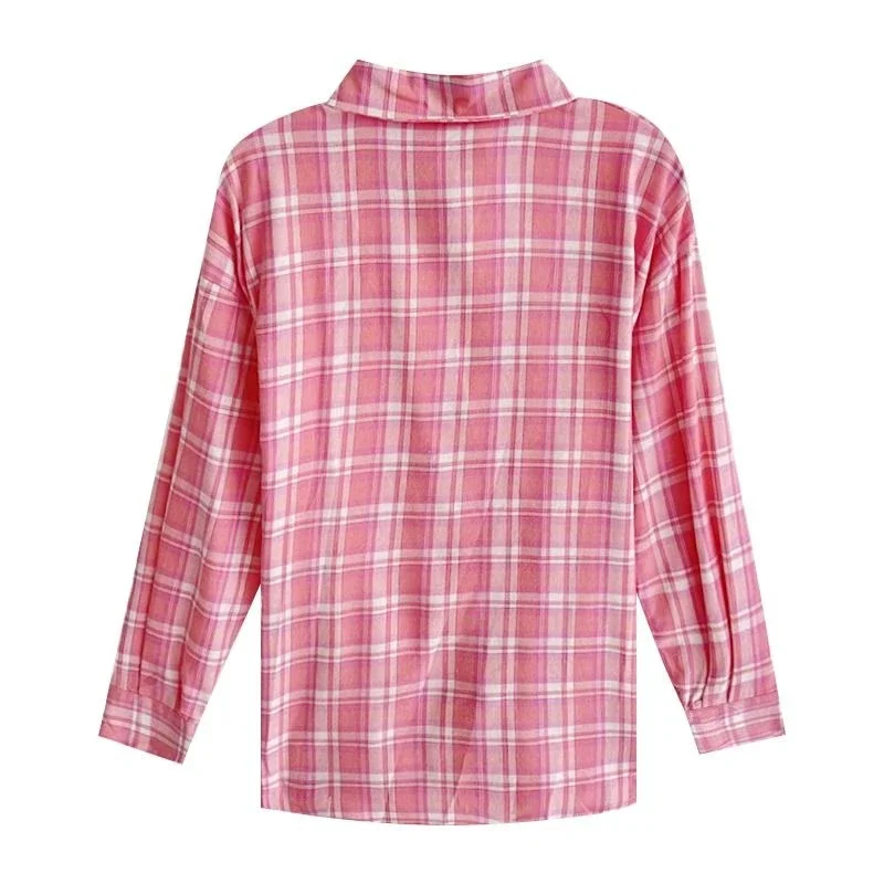 Pink Plaid Shirts Women Kawaii Girls Autumn Y2k Long Sleeve Shirt Classic Retro All-match Fashion Students Loose Chic Streetwear