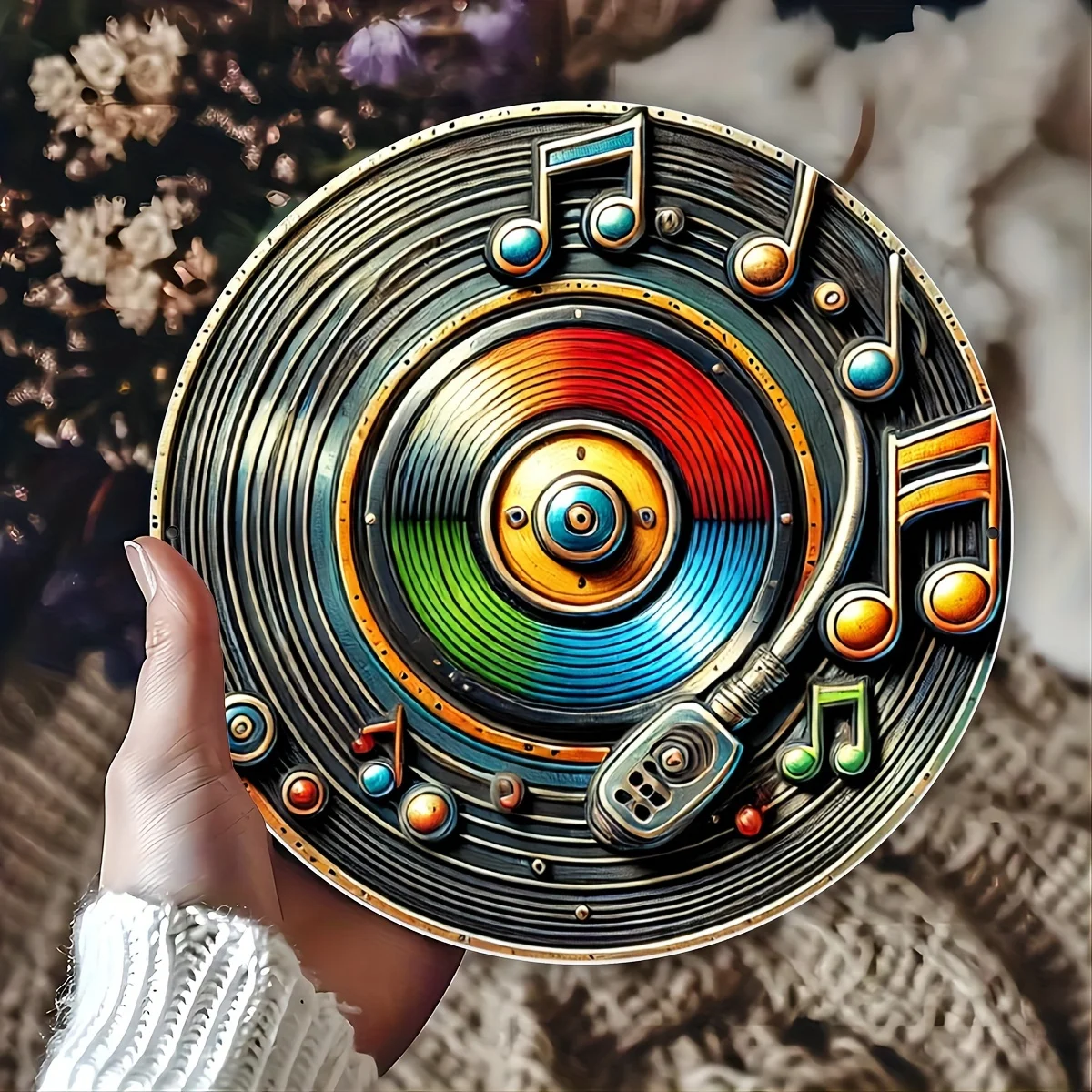 Vintage-Blechschild mit Vinyl-Schallplatten – Retro-Musik-Wanddekoration mit bunten Vinyl-Playern und Musiknoten, Party-Dekoration, Raumdekoration