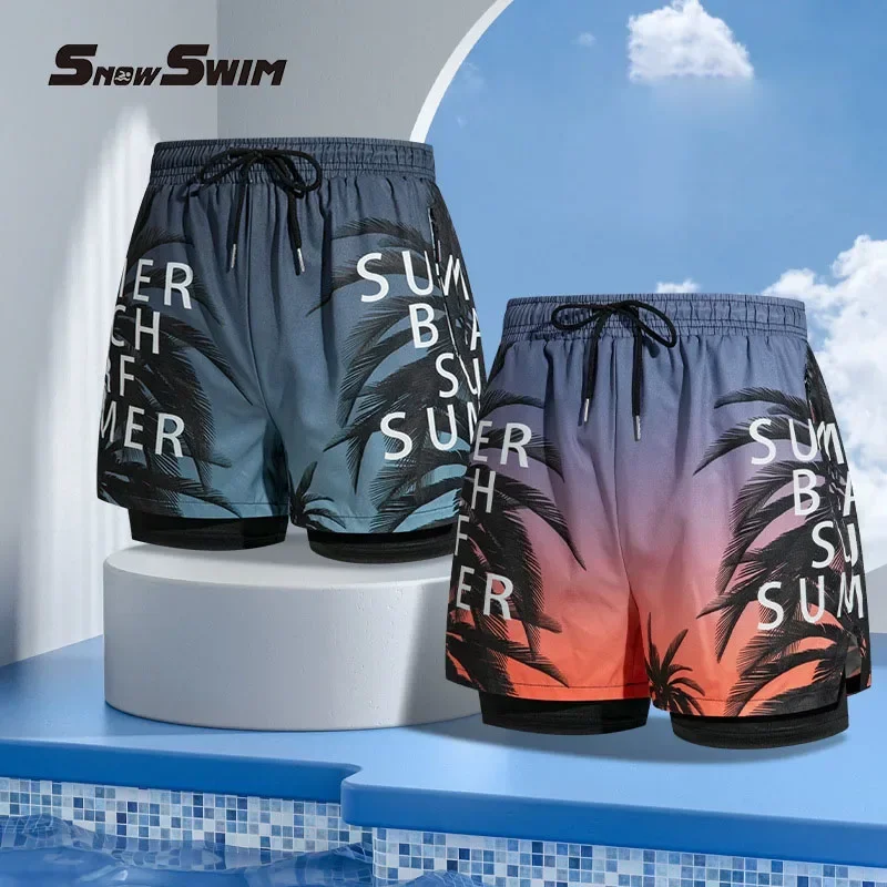 Short de bain double couche pour homme, équipement de natation adulte, pantalon de plage professionnel, assressentianti-république, doublé, nouveau maillot de bain